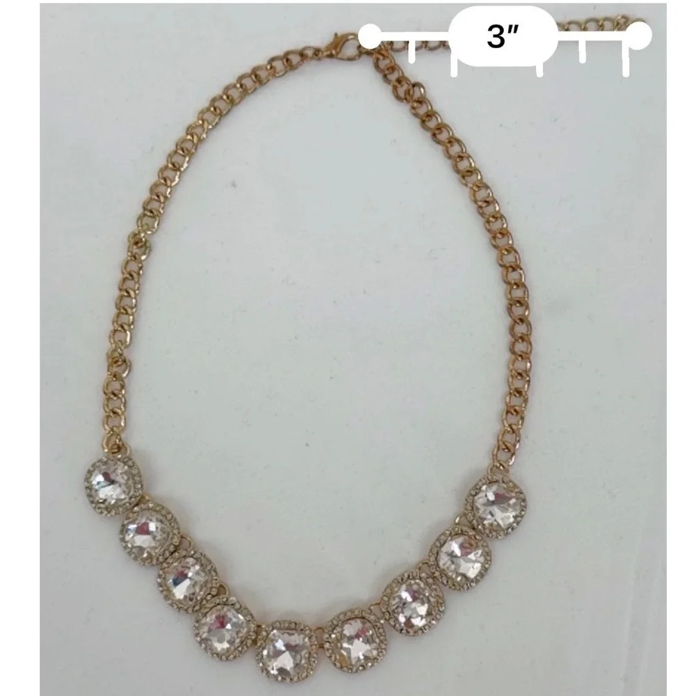 Gold Tone Clear Crystal Rhinestone Halo Bib Statement Necklace Adjustable 103-42